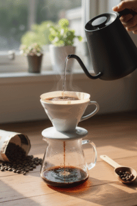 Hot water being poured from a black gooseneck kettle over coffee grounds in a pour-over dripper on a glass carafe.