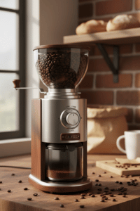 A modern electric coffee grinder filled with coffee beans on a wooden kitchen counter in a home setting.