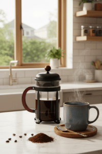 A French press coffee maker on a kitchen counter next to a ceramic mug and freshly ground coffee beans.