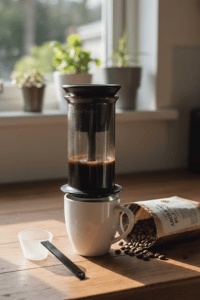 An AeroPress coffee maker placed over a mug on a wooden table with coffee beans and a bag of coffee nearby.