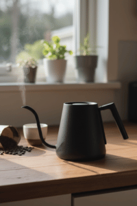 A matte black gooseneck kettle on a wooden countertop near a window with small potted plants.