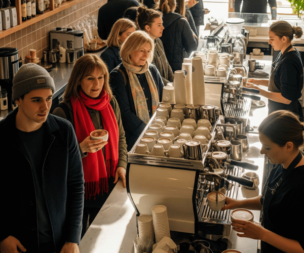 People in line at a busy coffee shop, after Coffee Shop Marketing strategy