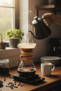 A Chemex coffee maker on a wooden counter as water is poured from a gooseneck kettle, surrounded by coffee beans, mugs, and warm natural light.