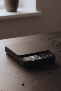 Sleek digital coffee scale on a dark countertop with scattered coffee beans, illuminated by soft natural light.