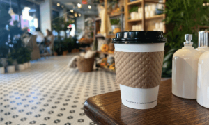 Close-up of a to-go coffee cup on a wooden table inside PlantShed Coffee West Village, surrounded by plants and natural light reflecting on the tiled floor.