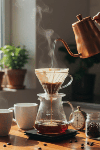 Una cafetera V60 con una jarra de vidrio mientras se vierte agua caliente desde una tetera de cobre, rodeada de tazas, granos de café y una suave luz matutina.