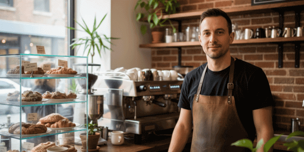 Add Your Café — Coffee shop owner standing behind counter inside a cozy NYC café