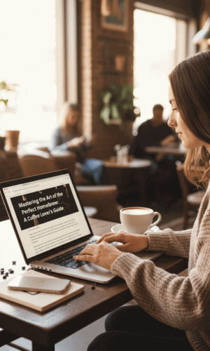 Blog Writing for Coffee Shops That Ranks on Google Coffee shop blog writing shown by a person working on a laptop in a café, writing a coffee-related article while enjoying a cup of coffee.