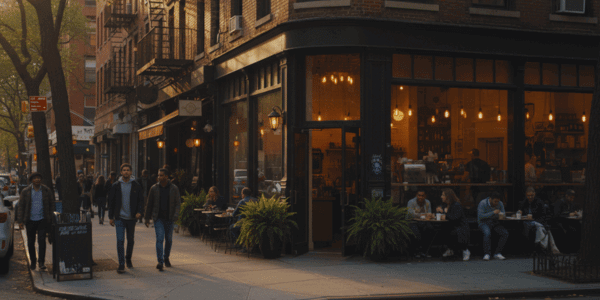 People enjoying coffee outside a cozy New York City café on a corner street, featured in the Coffee Directory NYC.