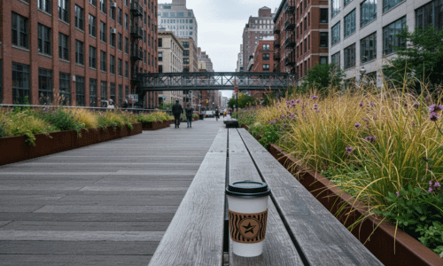 Chelsea coffee shops in Manhattan with a takeaway coffee cup resting on a bench along the High Line, surrounded by greenery, red brick buildings, and urban city scenery.
