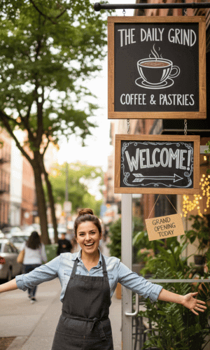 Google My Business for Coffee Shops – Show Up in “Coffee Near Me” Google My Business optimization for coffee shops illustrated by a café owner standing outside a coffee shop with signage, representing visibility in local map results.