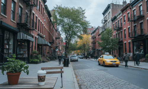 Greenwich Village Coffee Shops 20 Greenwich Village coffee shops along a classic New York City street with red brick buildings, tree-lined sidewalks, outdoor café seating, and a takeaway coffee cup in the foreground.