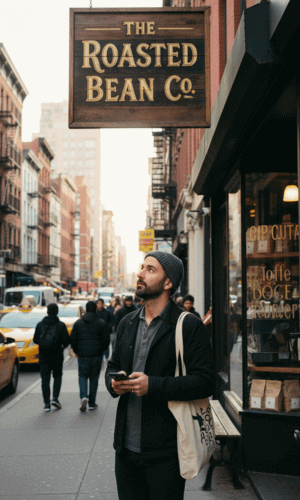 Local SEO for Coffee Shops – Get Found in Your Neighborhood Local SEO for coffee shops illustrated by a café storefront sign on a busy neighborhood street, representing visibility in local search results.
