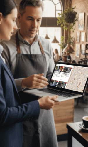NYC Coffee Directory – Get Your Coffee Shop Discovered NYC coffee directory concept showing coffee shop owners reviewing a laptop with a neighborhood map and café listings inside a coffee shop.