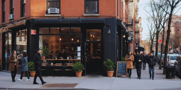 Suggest a Café — NYC neighborhood coffee shop exterior on a Manhattan corner with people walking by.