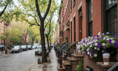 West Village coffee shops along a quiet, tree-lined street with classic brownstone buildings, cobblestone road, and a takeaway coffee cup beside colorful flowers.