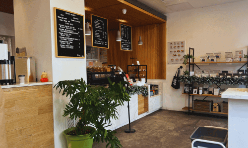 Interior of Coffee Project New York Chelsea featuring wooden accents, coffee counter, menu boards, pastries, merchandise shelves, and indoor plants.