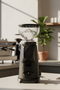 Fiorenzato AllGround Sense Molino de Café – Molino Eléctrico de Muelas de Precisión Molino de café Fiorenzato AllGround Sense con tolva de granos sobre encimera junto a máquina de espresso