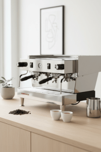 La Marzocco Linea Classic espresso machine on a light wood counter with espresso cups, milk pitcher, and coffee beans in a clean, modern setting.