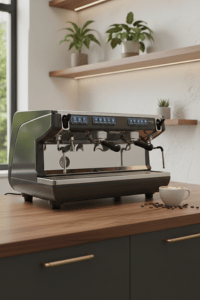 Máquina de Espresso Nuova Simonelli Appia II para Cafeterías Profesionales Máquina de espresso Nuova Simonelli Appia II sobre una encimera de madera con una taza de cappuccino, granos de café y estanterías minimalistas de cafetería al fondo.