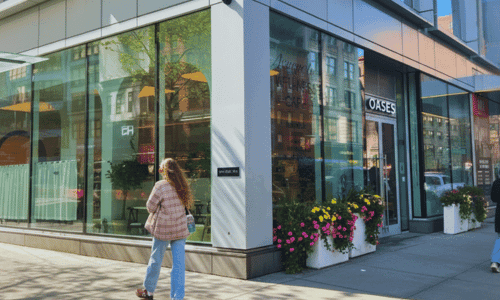 street view outside Oases coffee shop Chelsea at 14th Street and 6th Avenue near Union Square New York City