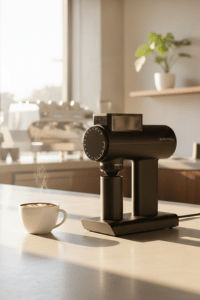 TIMEMORE Sculptor 078S Molino de Café – Molino Eléctrico de Precisión Molino de café TIMEMORE Sculptor 078S sobre encimera junto a una taza de café