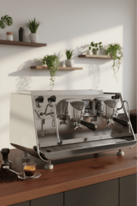 Victoria Arduino Eagle One espresso machine on a wooden counter with portafilters, plants on floating shelves, and a minimalist modern coffee setup.