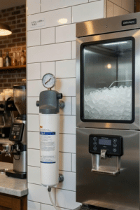 3M ICE125-S water filtration system installed on commercial ice machine in coffee shop
