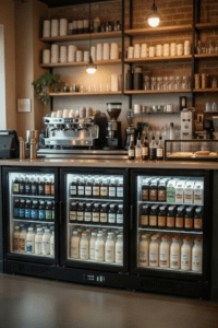 Refrigerador comercial BODEGA BODEGACOOLER con tres puertas de vidrio bajo la barra de cafetería