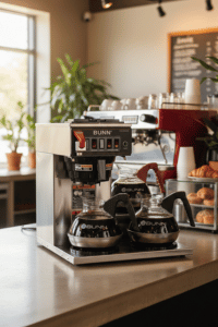 BUNN CWTF15-3 Coffee Brewer – Commercial Triple Warmer Brewer BUNN CWTF15-3 commercial coffee brewer with glass decanters on café counter