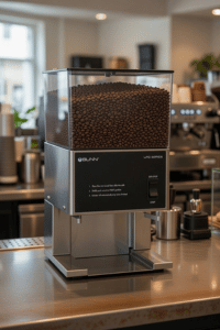 BUNN LPG Low Profile Portion Control Grinder – 1 Hopper Commercial Grinder BUNN LPG low profile portion control coffee grinder with single hopper on café counter