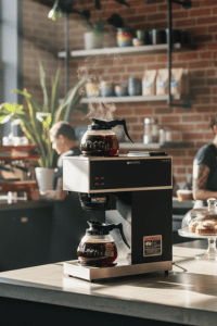 BUNN VPR-2GD Coffee Brewer – Commercial Dual Warmer Brewer BUNN VPR-2GD commercial coffee brewer with glass decanters on café counter