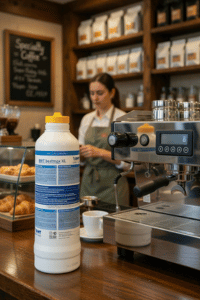 BWT Bestmax Premium water filter cartridge next to espresso machine in coffee shop