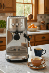 Breville Bambino espresso machine in stainless steel making coffee in kitchen with milk steam wand