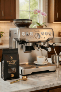 Breville Barista Express espresso machine with built-in grinder making espresso in home kitchen