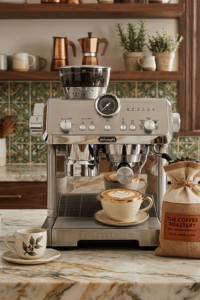 DeLonghi La Specialista Opera espresso machine with built-in grinder making latte with microfoam in kitchen