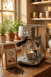 Breville Bambino Plus espresso machine with milk frother making espresso in cozy kitchen setting