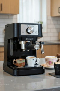 DeLonghi Stilosa espresso machine making coffee at home with steam wand for lattes and cappuccinos