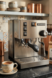 Rancilio Silvia espresso machine in stainless steel making espresso with professional steam wand at home