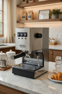 Gaggia Classic Pro espresso machine in stainless steel making espresso with steam wand on kitchen counter