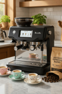 Breville Barista Touch espresso machine with touchscreen and built-in grinder making coffee at home
