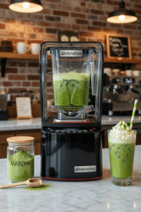 Blendtec Professional 800 blender preparing matcha smoothie in a coffee shop