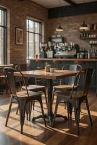 COSTWAY industrial metal dining chair set with wood seats around table in coffee shop