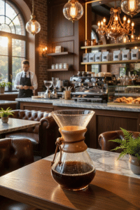 Chemex Classic Series 8 cup pour over glass coffeemaker brewing coffee in coffee shop