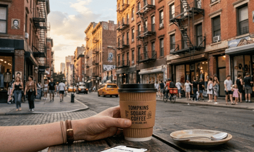 Greenwich Village Coffee Shops | Best Cafés Near NYU coffee to go from Tompkins Square Coffee in East Village NYC street view