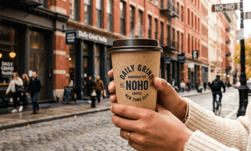 Chelsea Coffee Shops | Modern Cafés in New York City coffee to go cup at Daily Grind Coffee in NoHo NYC on a cobblestone street