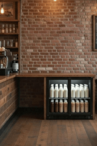 Refrigerador comercial de bebidas con puerta de vidrio bajo mostrador en cafetería con botellas de leche