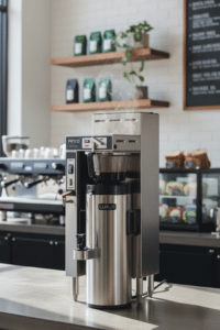 Fetco CBS-51H-15 Coffee Brewer – Commercial Thermal Batch Brewer Fetco CBS-51H-15 commercial coffee brewer with thermal dispenser on café counter