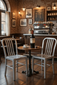 Flash Furniture Gael galvanized steel dining chairs set in coffee shop seating area