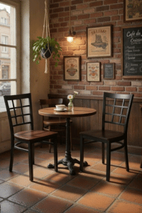 Flash Furniture HERCULES window back metal restaurant chairs with mahogany wood seat in coffee shop